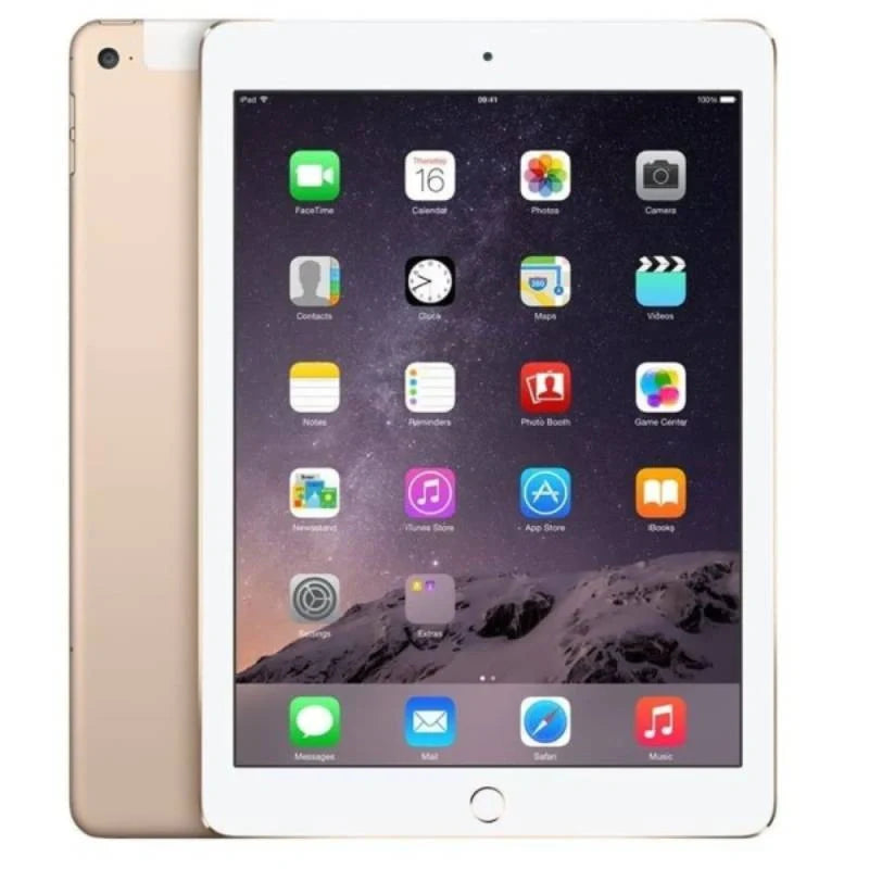 Apple iPad Air 2 Cellular in Gold, displaying the front screen and elegant gold back with a rear camera