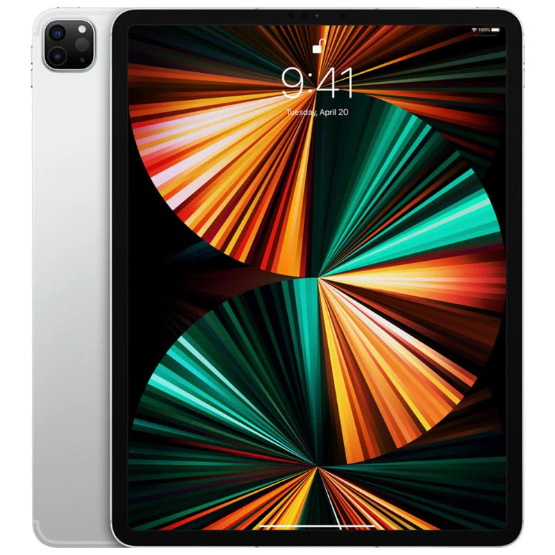 Apple iPad Pro 12.9-inch (5th generation) Wi-Fi model in Silver, front view showing edge-to-edge display and back view with dual-camera system