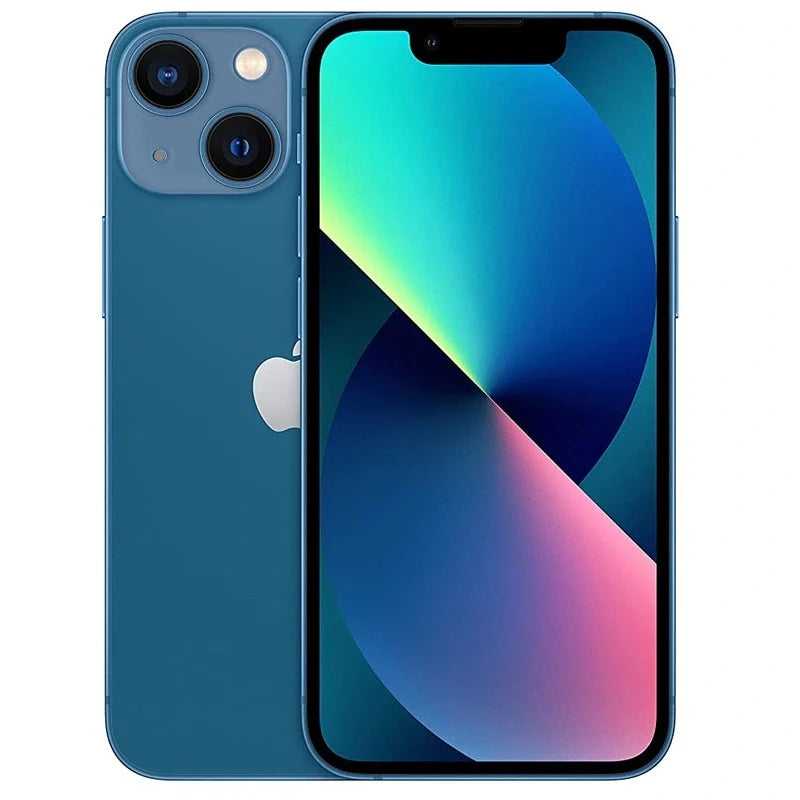 Apple iPhone 13 mini in Blue color, showcasing the back with a dual-camera setup and a glossy finish, alongside the front display with Super Retina XDR screen