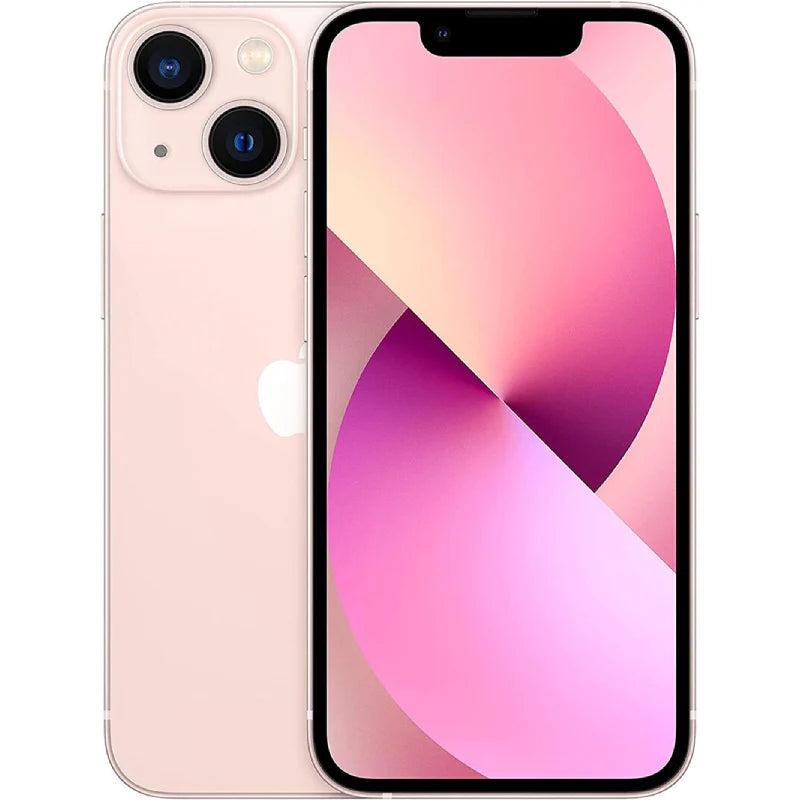 Apple iPhone 13 mini in Pink color, showcasing the back with a dual-camera setup and a glossy finish, alongside the front display with Super Retina XDR screen