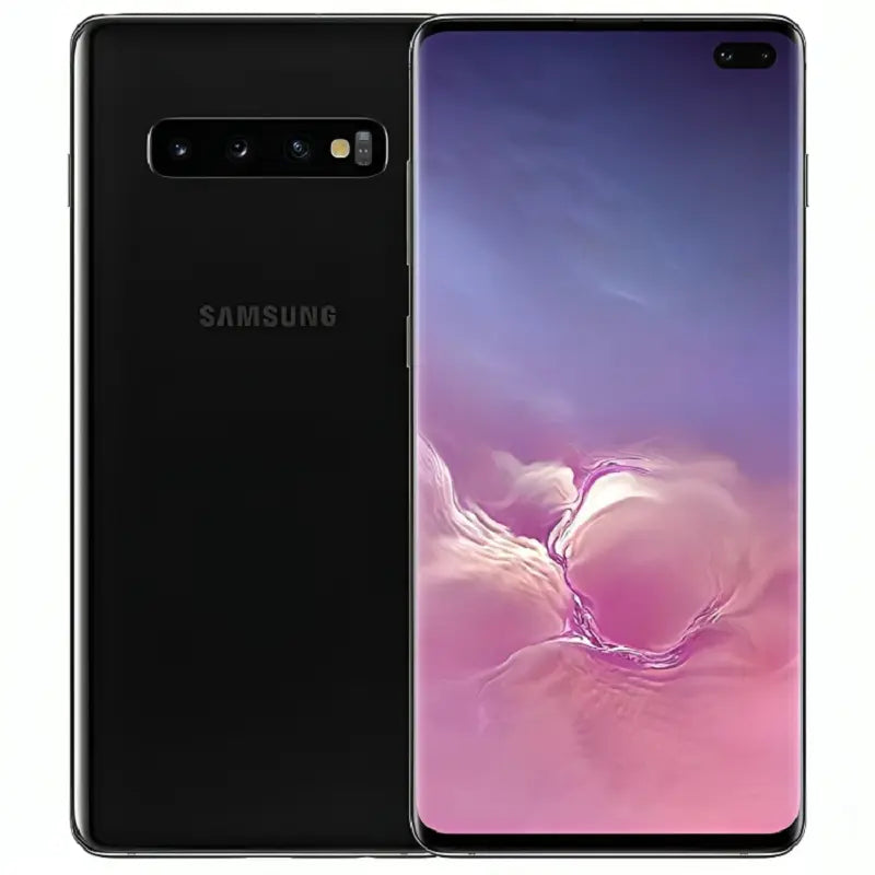 Samsung Galaxy S10 Plus in Prism Black, showing the front display and back with triple cameras, in a sleek black tone