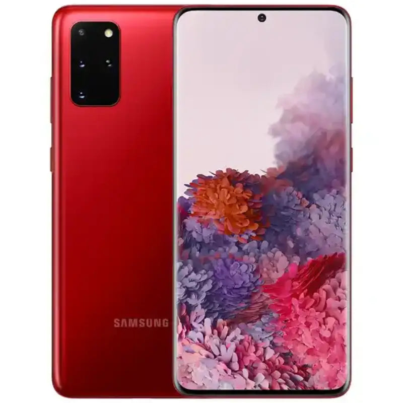 Samsung Galaxy S20 Plus in Aura Red, showing the expansive display and triple-camera system on the back, standing out with its bold red color