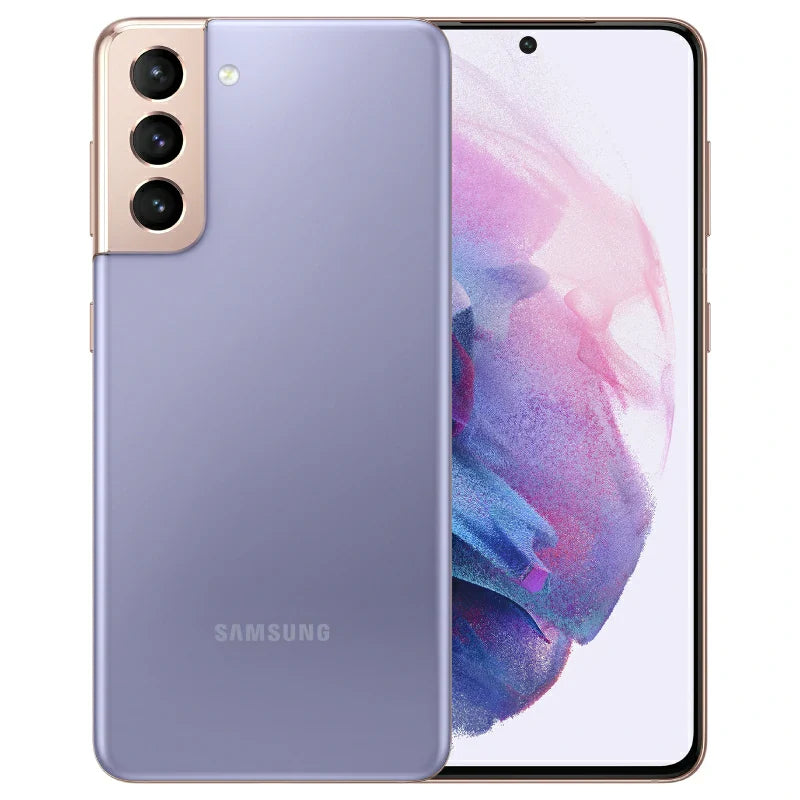 Samsung Galaxy S21 Plus in Phantom violet, highlighting the large front display with thin bezels and the back view with a prominent triple-camera arrangement