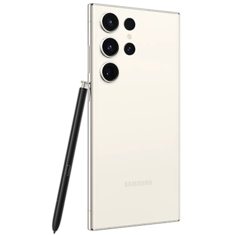 Samsung Galaxy S23 Ultra in Phantom Black color, showing the back view with quad cameras, and standing upright with the matching S-Pen