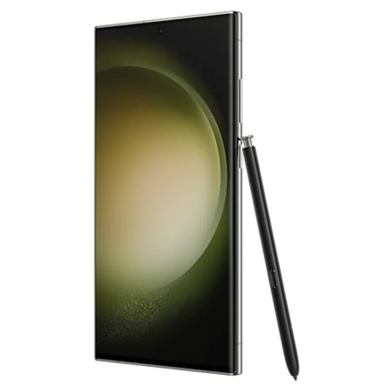 Samsung Galaxy S23 Ultra in green color, showing the front AMOLED display and standing upright with the matching S-Pen