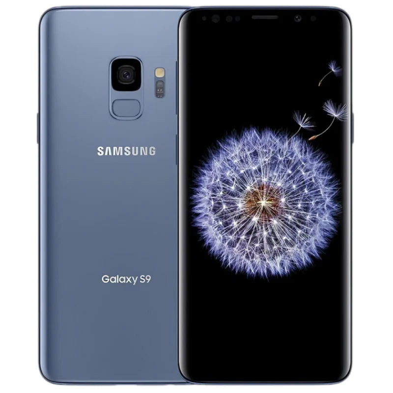 Samsung Galaxy S9 in Coral Blue color, showcasing the back side with a single rear camera and the front side with a vibrant display