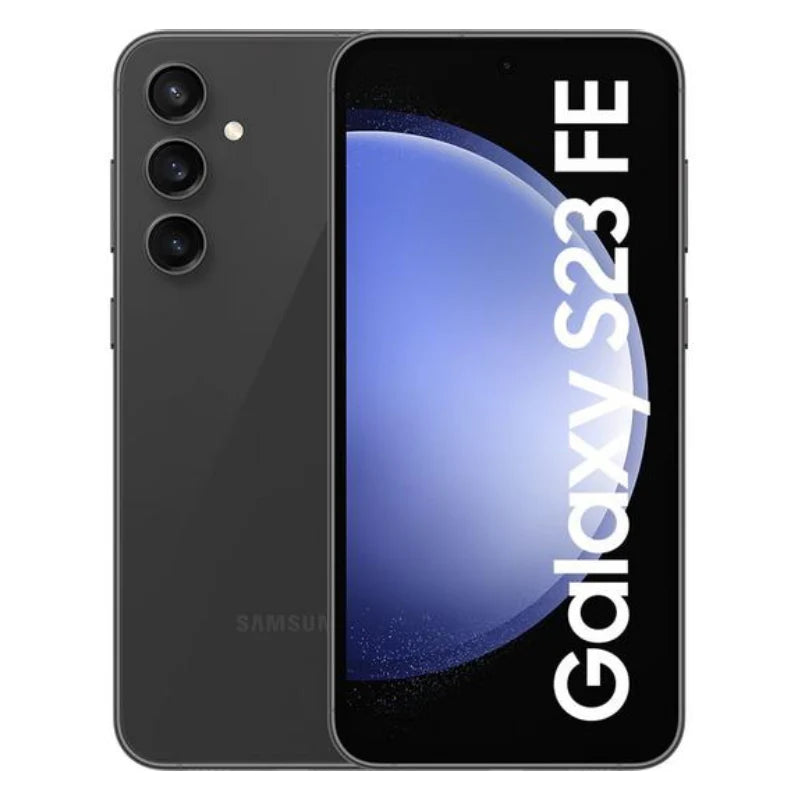 Samsung Galaxy S23 FE in graphite color, showing the front AMOLED display with minimal bezels and the back view with a vertically aligned triple-camera setup