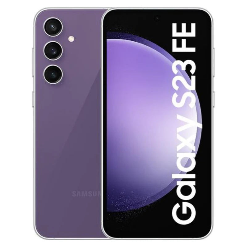 Samsung Galaxy S23 FE in purple color, showing the front AMOLED display with minimal bezels and the back view with a vertically aligned triple-camera setup