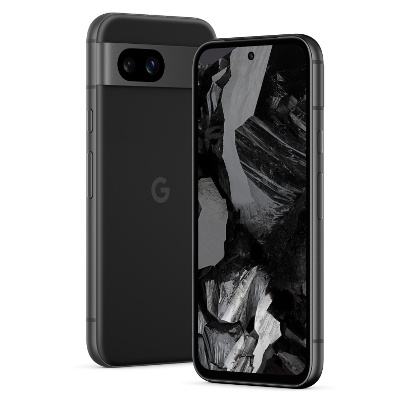 Google Pixel 8a in obsidian color, displaying the back view with dual rear cameras and front screen, highlighting its sleek design and modern features