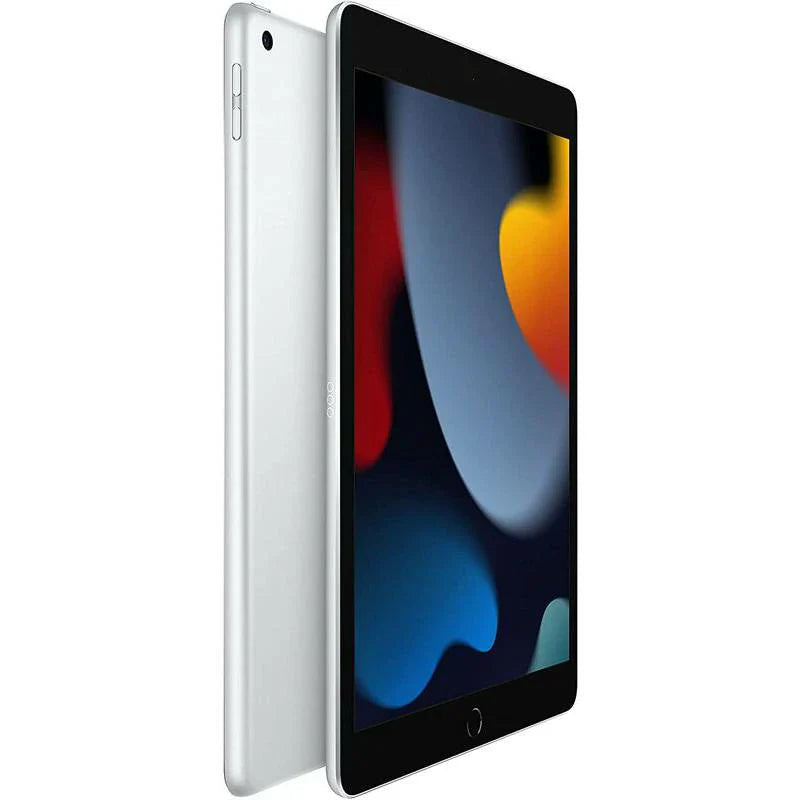 Apple iPad 9 Wi-Fi in Silver, featuring its front display and sleek silver back with a rear camera, and volume buttons visible on the side