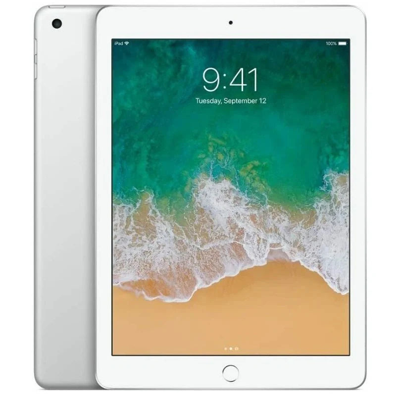 The Silver iPad 5th generation 9.7-inch Wi-Fi model showcases a bright front screen and a smooth back finish with a rear camera