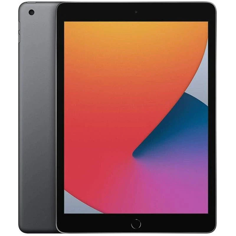 Apple iPad 8th Wi-Fi in Space Gray, showcasing the front display and smooth dark gray back with a rear camera