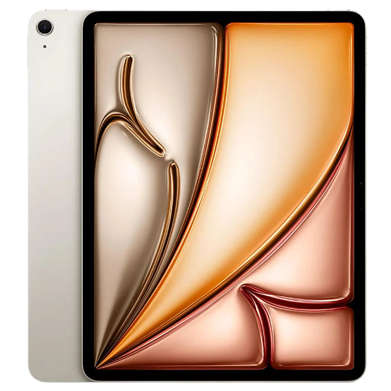 Apple iPad Air 13-inch M2 wifi in Starlight, featuring the front display and elegant soft gold back with a rear camera