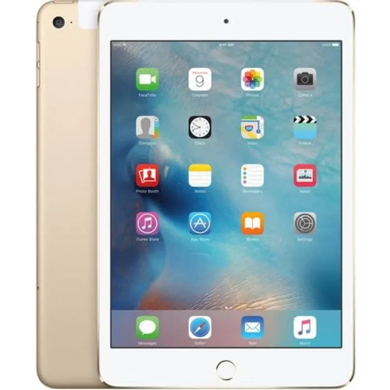 Apple iPad Mini 4 wifi in Gold, displaying the front screen and elegant gold back with a rear camera