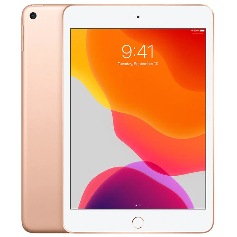 Gold iPad mini 5 displaying its colorful screen, accented by a shiny gold back and a rear camera