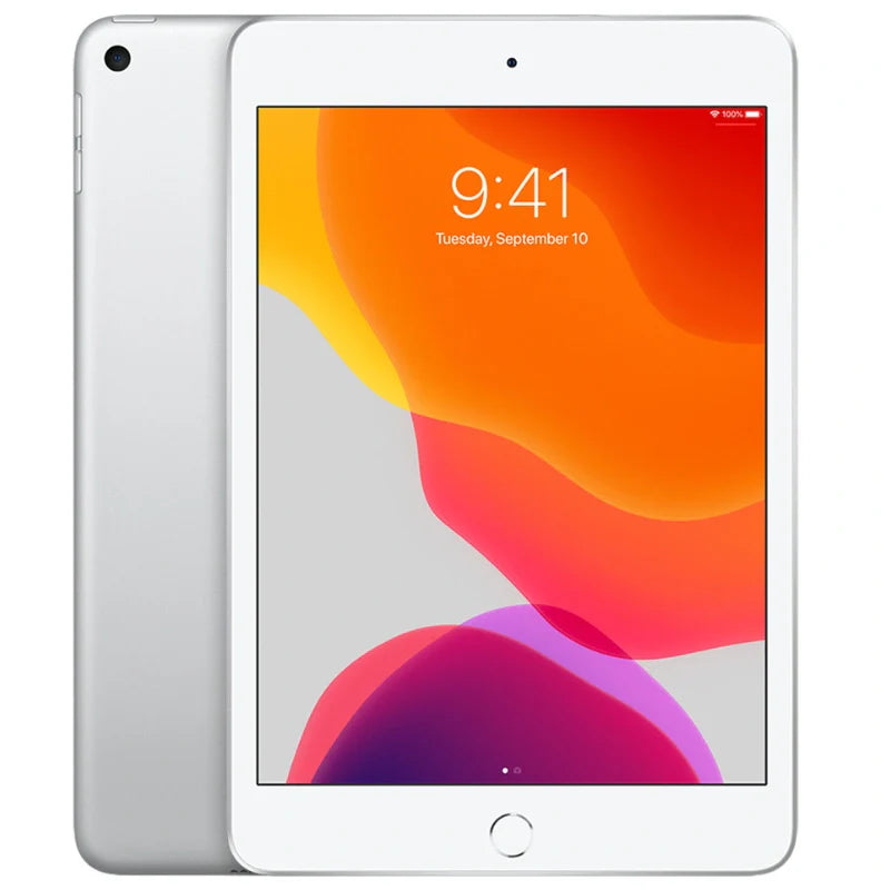 Silver iPad mini 5 showcasing a vibrant display, with a polished silver back and a rear camera