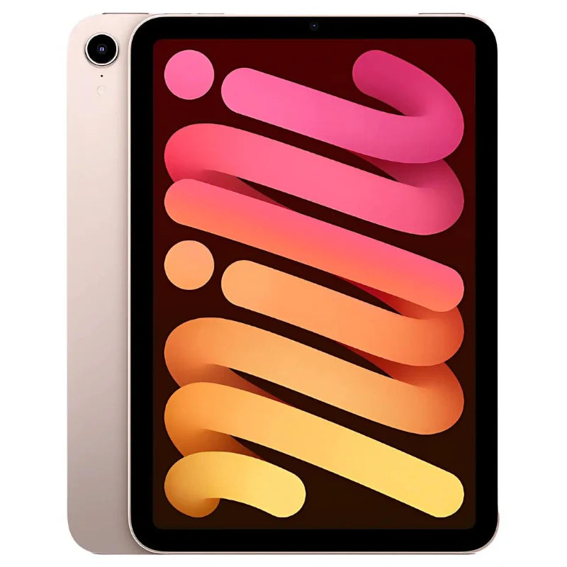 Apple iPad Mini 6 Wi-Fi in Pink, featuring the bright front display and soft pink back with a rear camera