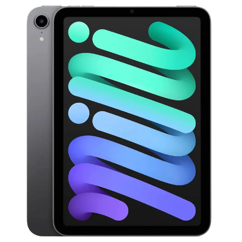 Apple iPad Mini 6 Wi-Fi in Space Gray, showcasing the front display and sleek dark gray back with a rear camera