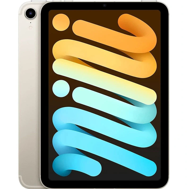 Starlight iPad mini 6 cellular model showcasing a bright display, complemented by a light silver-gold back and a rear camera