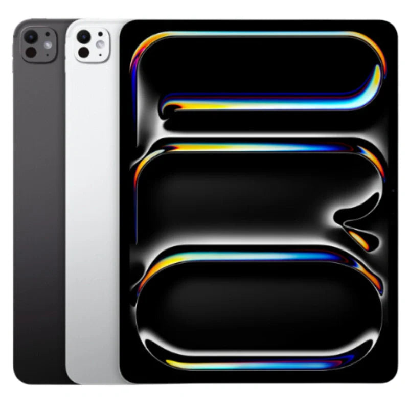 The iPad Pro 13-inch with M4 chip in all color showcases a bright front display showcasing vivid graphics. The back is smooth and includes a single camera, emphasizing its elegant finish