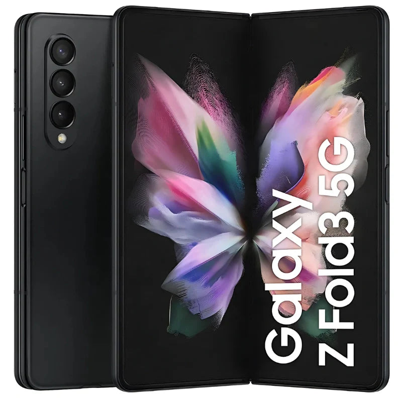 Samsung Galaxy Z Fold3 in phantom black color, showcasing the front display and the back with cameras, elegantly designed