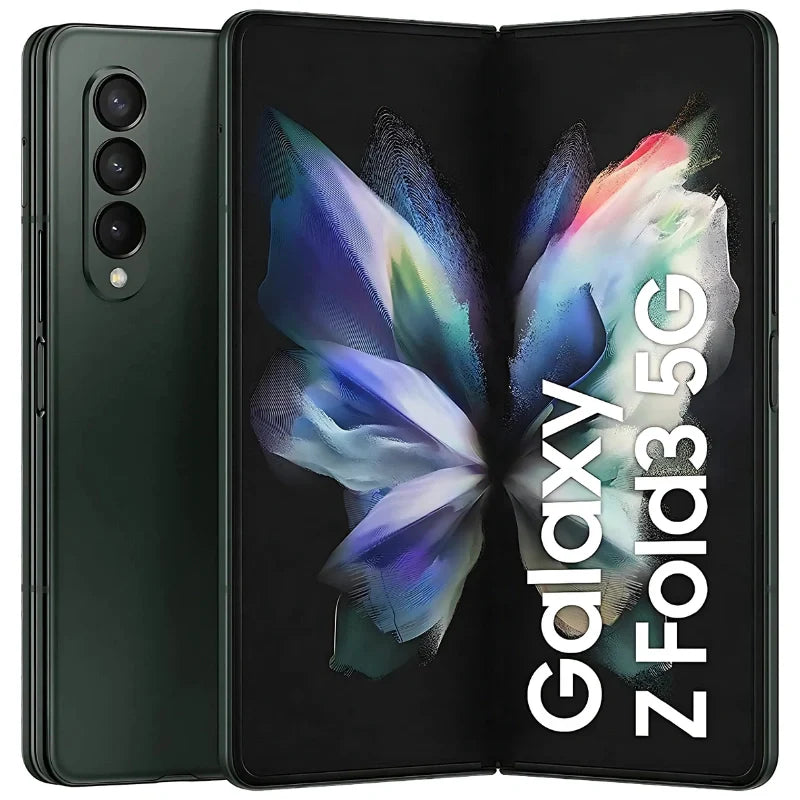 Samsung Galaxy Z Fold3 in phantom green color, showcasing the front display and the back with cameras, elegantly designed