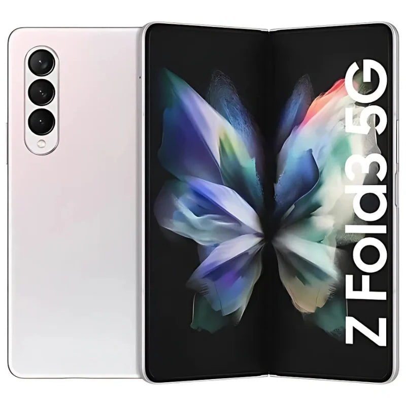 Samsung Galaxy Z Fold3 in phantom silver color, showcasing the front display and the back with cameras, elegantly designed