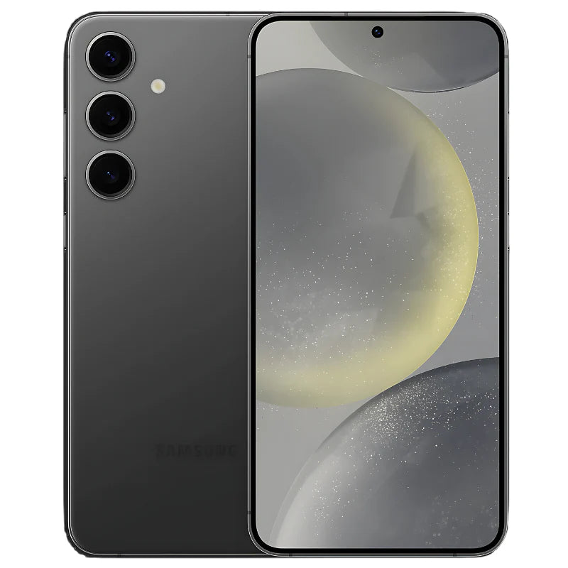 Samsung Galaxy S24 Plus in Onyx Black, showcasing the front display and the back side featuring a triple camera setup, highlighting its sleek design and vibrant color
