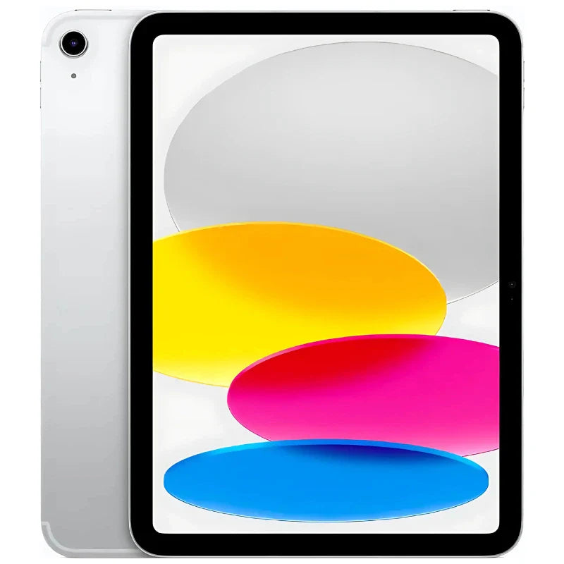 Apple iPad 10 Cellular in Silver, showcasing its front display and smooth metallic back, featuring the rear camera and cellular antenna
