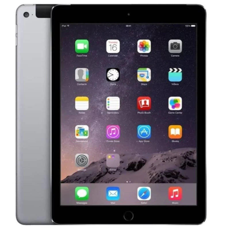 Apple iPad Air 2 Cellular in Space Gray, showcasing the front display and sleek dark gray back with a rear camera