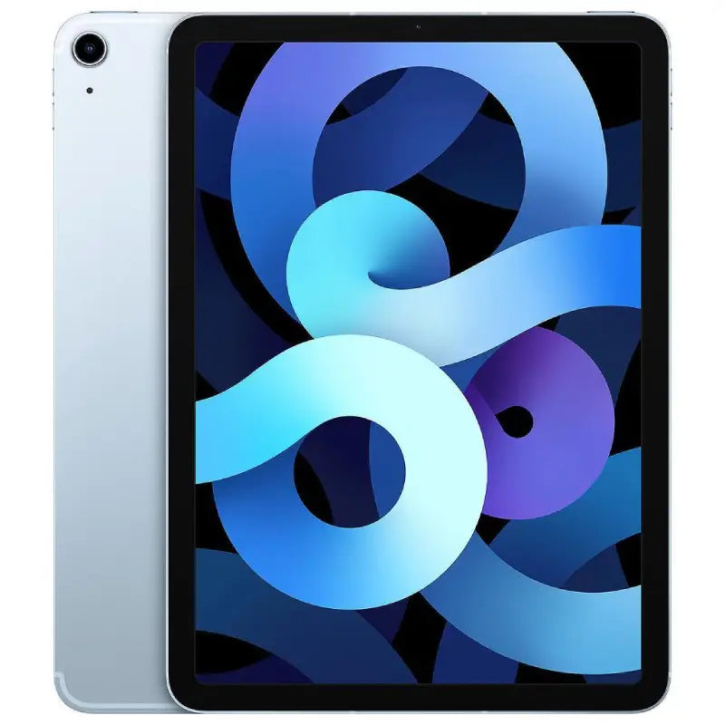 Apple iPad Air 4 Cellular in Sky Blue, highlighting the front display and light blue back with a rear camera