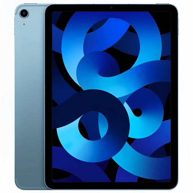 Apple iPad Air 5 Cellular in Blue, showing its crisp front display and light blue back with a single rear camera
