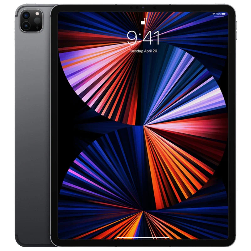 Apple iPad Pro 12.9-inch (5th generation) cellular model in Space Gray, front view showing edge-to-edge display and back view with dual-camera system
