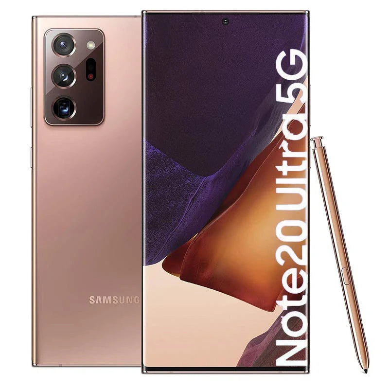 Samsung Galaxy Note 20 Ultra in Mystic Bronze, featuring its front display and back with triple-camera setup, alongside a standing S Pen in matching bronze finish