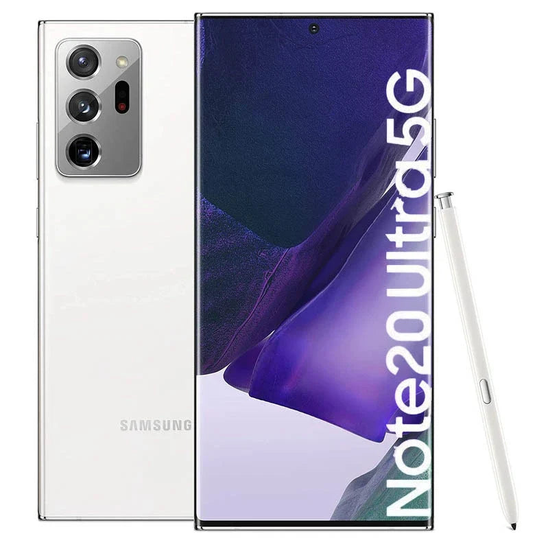 Samsung Galaxy Note 20 Ultra in Mystic White, displaying its front and back with triple cameras, accompanied by a standing white S Pen