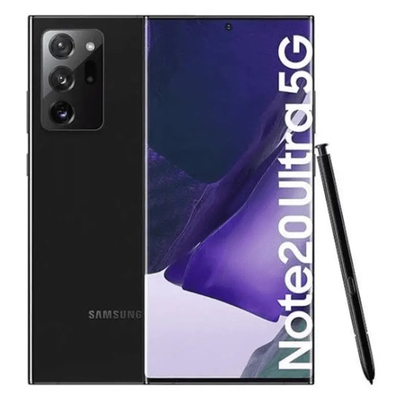 Samsung Galaxy Note 20 Ultra in Mystic Black, showcasing its front screen and back with triple cameras, with a standing black S Pen beside it