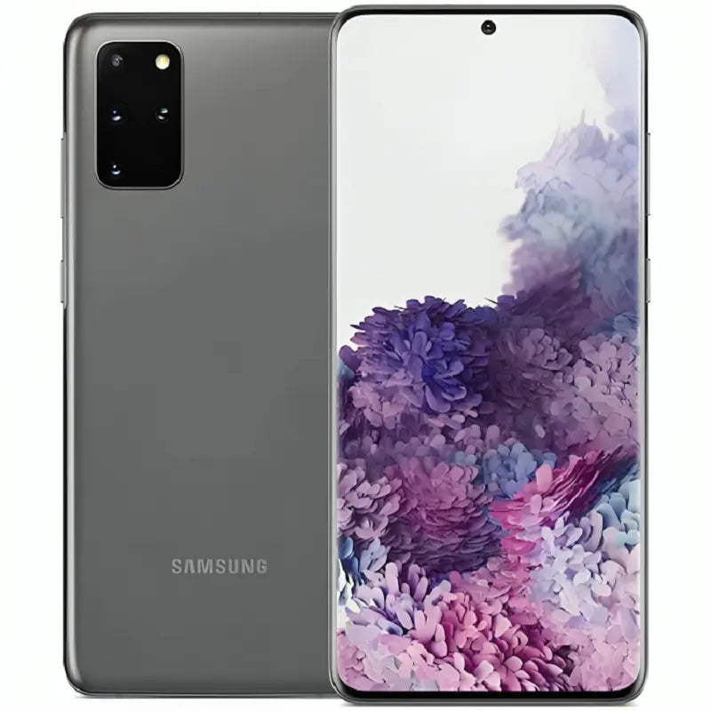 Samsung Galaxy S20 Plus in Cosmic Grey, featuring its edge-to-edge front screen and triple-camera system on the back with a metallic finish