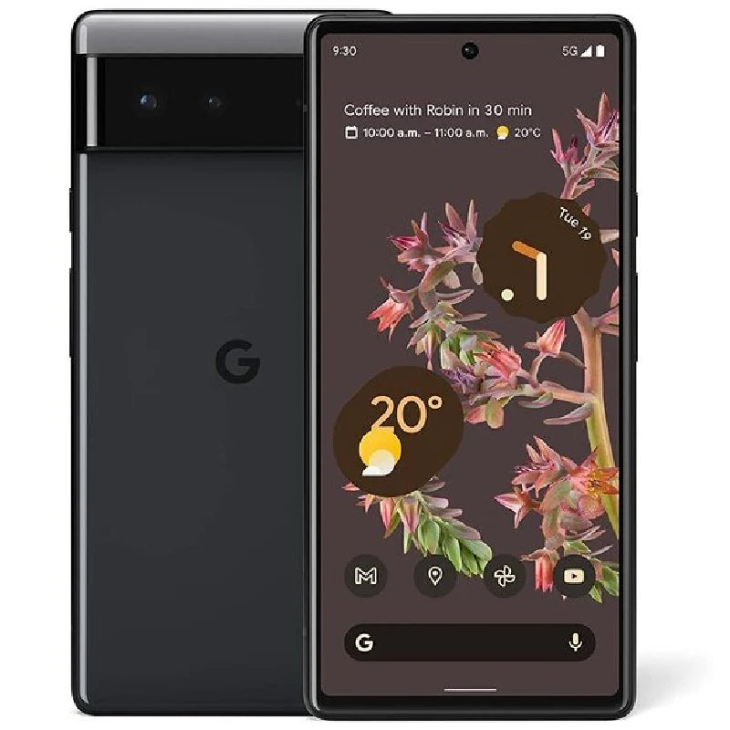 Google Pixel 6 in black color, displaying both front and back views, highlighting its sleek design and dual-camera setup.