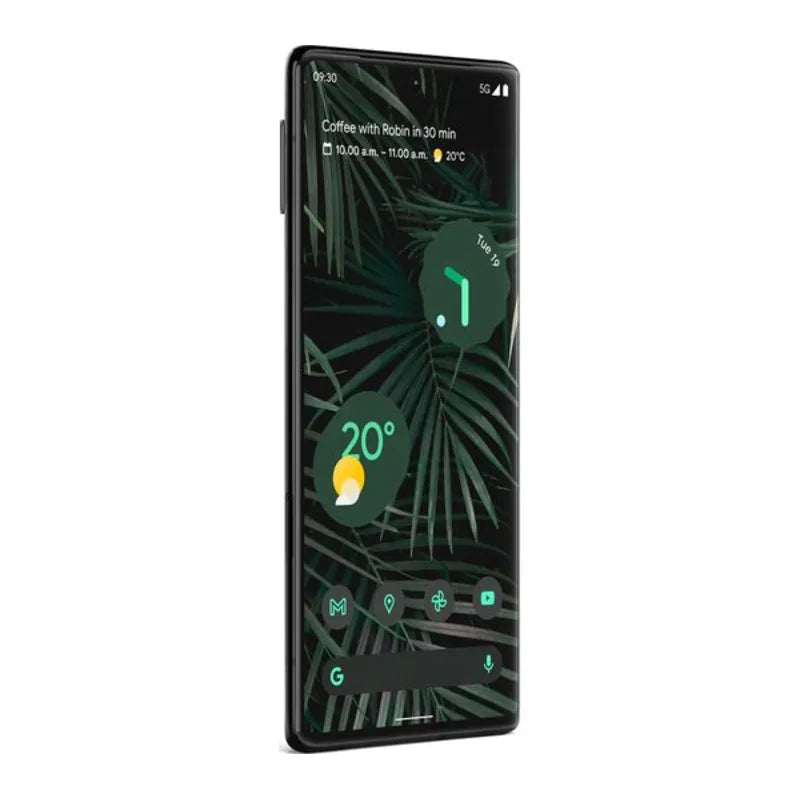 Google Pixel 6 Pro in black color, showing the display from the SIM card side lifted and the button side slightly bent downward, highlighting the curved edges and sleek design