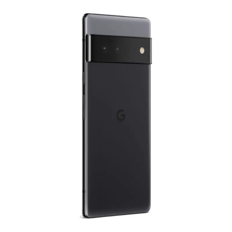 Google Pixel 6 Pro in black color, back view with the button side tilted upward, highlighting the rear camera bar and sleek design