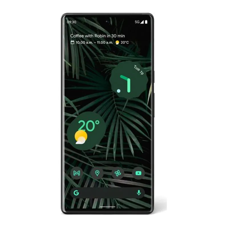 Google Pixel 6 Pro in black color, front view displaying the full screen with edge-to-edge design