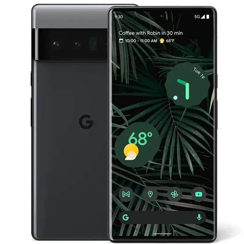 Google Pixel 6 Pro in black color, displaying front screen and rear triple camera setup with sleek design