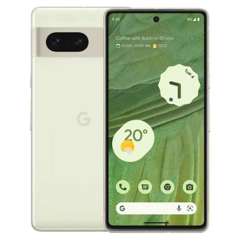 Google Pixel 7 in lemongrass color, displaying the back view with dual rear cameras and front screen, highlighting its stylish design