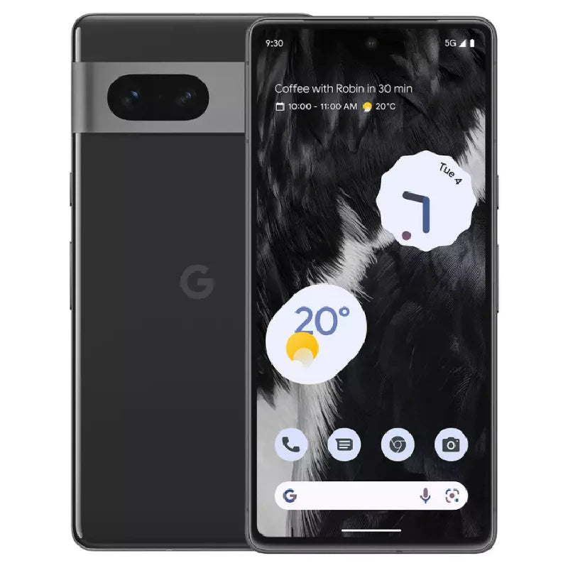 Google Pixel 7 in obsidian color, displaying the back view with dual rear cameras and front screen, showcasing its elegant design