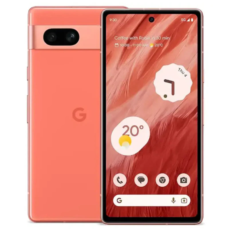 Google Pixel 7a in coral color, displaying the back view with dual rear cameras and front screen, highlighting its vibrant design and modern features
