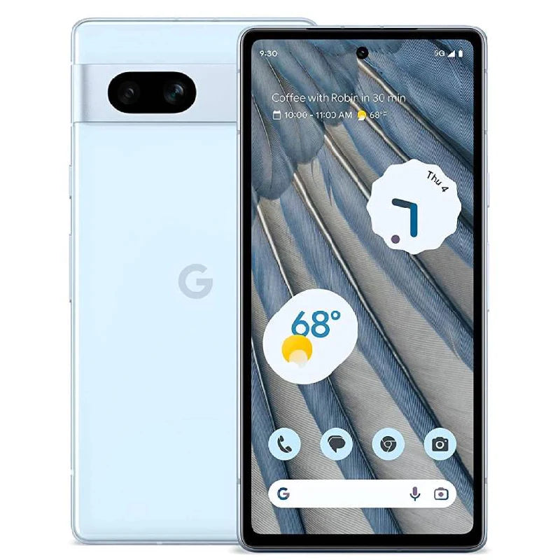 Google Pixel 7a in sea color, displaying the back view with dual rear cameras and front screen, showcasing its sleek design and vibrant aesthetics