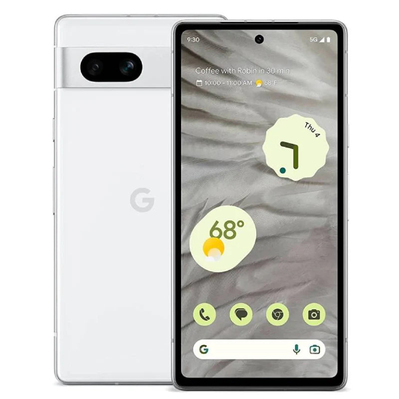 Google Pixel 7a in snow color, displaying the back view with dual rear cameras and front screen, showcasing its sleek design and modern aesthetics