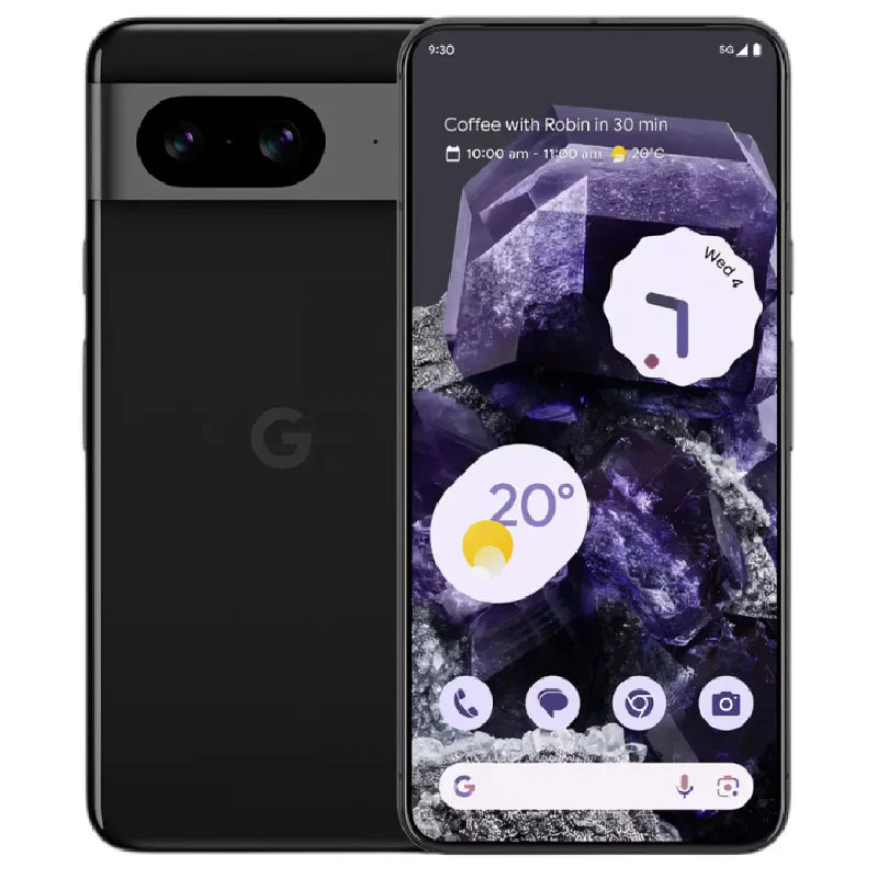 Google Pixel 8 in obsidian color, displaying the back view with dual rear cameras and front screen, showcasing its sleek and modern design