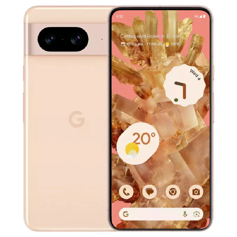 Google Pixel 8 in rose gold color, displaying the back view with dual rear cameras and front screen, highlighting its elegant and stylish design