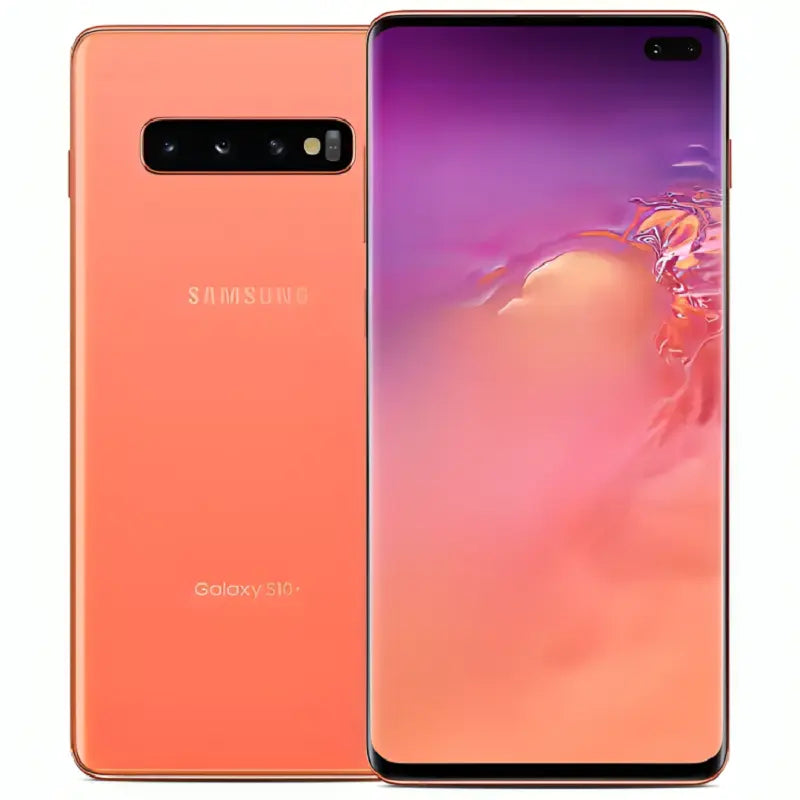 Samsung Galaxy S10 Plus in Flamingo Pink, showcasing its front display and triple-camera setup on the back, in a vibrant pink tone